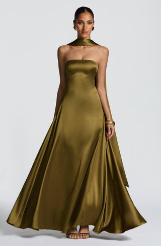 M.T Morven Maxi Strapless Satin Dress Deep Olive