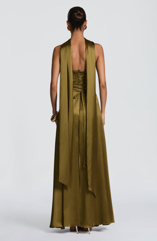 M.T Morven Maxi Strapless Satin Dress Deep Olive