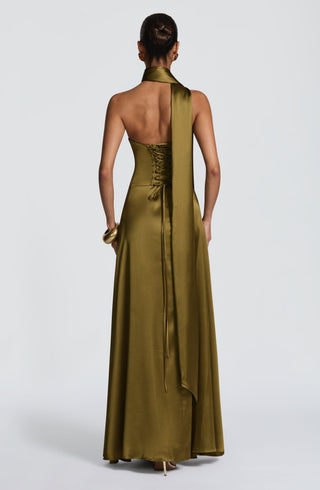 M.T Morven Maxi Strapless Satin Dress Deep Olive