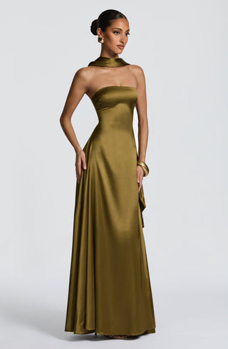 M.T Morven Maxi Strapless Satin Dress Deep Olive