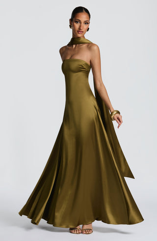 M.T Morven Maxi Strapless Satin Dress Deep Olive
