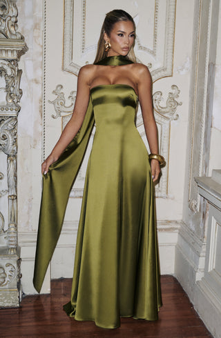 M.T Morven Maxi Strapless Satin Dress Deep Olive