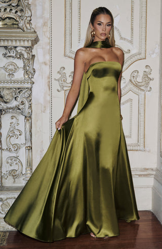 M.T Morven Maxi Strapless Satin Dress Deep Olive