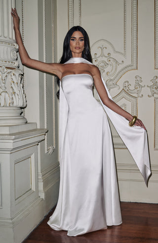 M.T Morven Maxi Strapless Satin A-Line Dress Ivory
