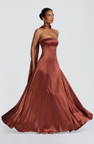M.T Morven Maxi Dress Satin Strapless Lace-Up Back Rust