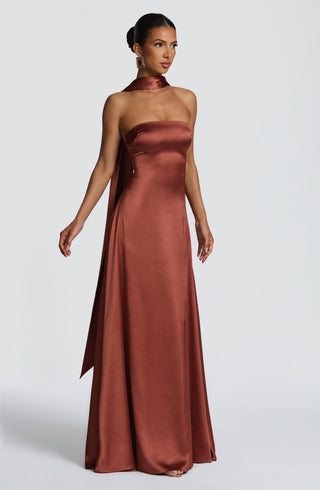 M.T Morven Maxi Dress Satin Strapless Lace-Up Back Rust