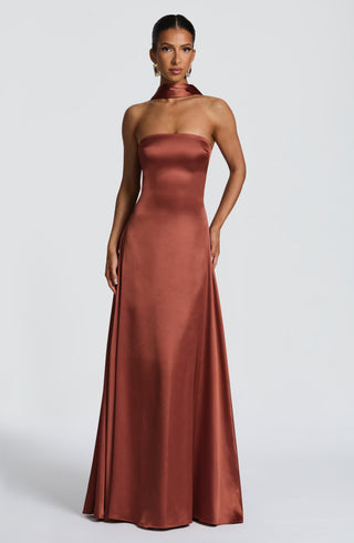 M.T Morven Maxi Dress Satin Strapless Lace-Up Back Rust