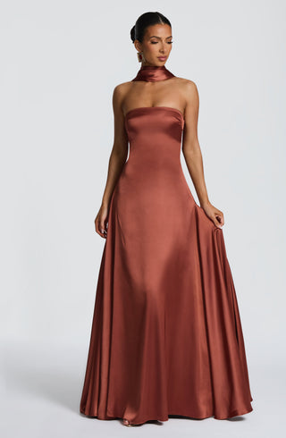 M.T Morven Maxi Dress Satin Strapless Lace-Up Back Rust