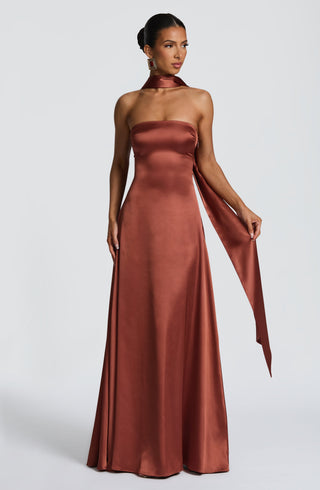 M.T Morven Maxi Dress Satin Strapless Lace-Up Back Rust