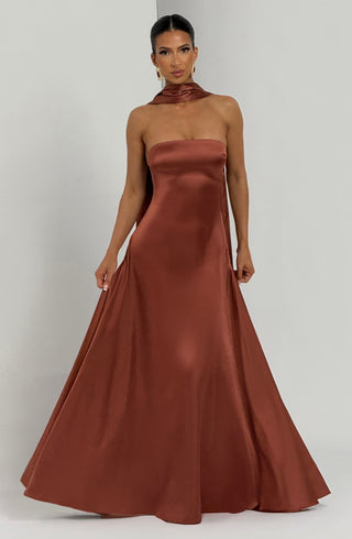 M.T Morven Maxi Dress Satin Strapless Lace-Up Back Rust