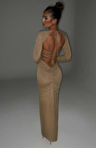 L.F Nadia Maxi Dress Sparkle Mesh Gold Long Sleeve