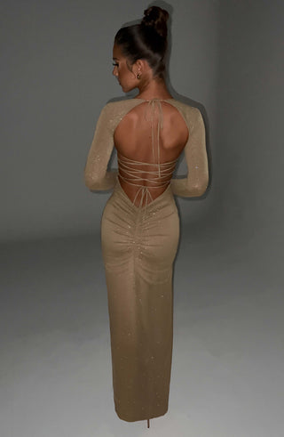 L.F Nadia Maxi Dress Sparkle Mesh Gold Long Sleeve