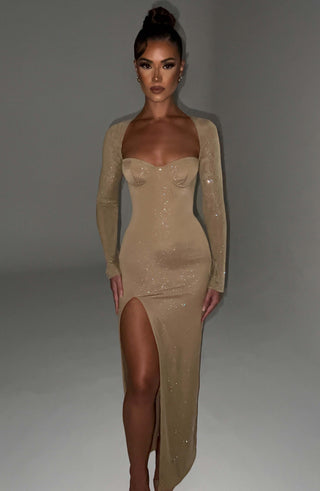 L.F Nadia Maxi Dress Sparkle Mesh Gold Long Sleeve
