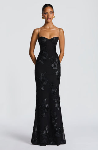 L.F Nefertiti Maxi Dress Corset Bodice Floral Appliqué Black