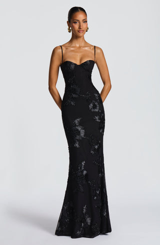 L.F Nefertiti Maxi Dress Corset Bodice Floral Appliqué Black