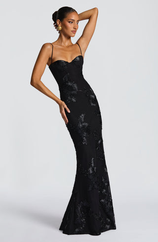 L.F Nefertiti Maxi Dress Corset Bodice Floral Appliqué Black