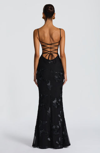 L.F Nefertiti Maxi Dress Corset Bodice Floral Appliqué Black