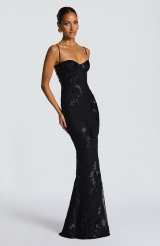 L.F Nefertiti Maxi Dress Corset Bodice Floral Appliqué Black