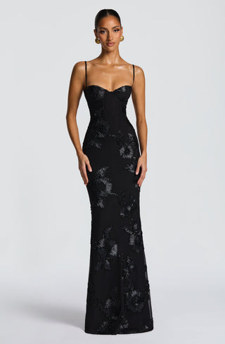L.F Nefertiti Maxi Dress Corset Bodice Floral Appliqué Black
