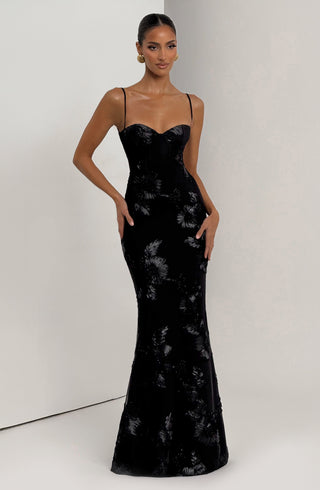 L.F Nefertiti Maxi Dress Corset Bodice Floral Appliqué Black
