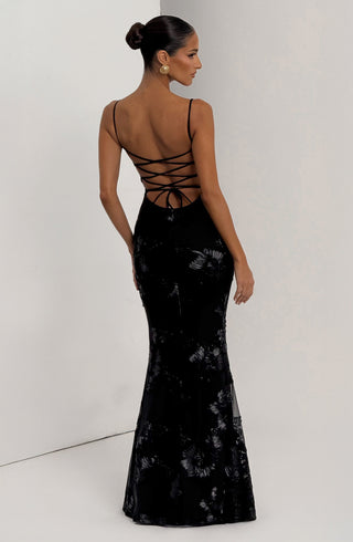 L.F Nefertiti Maxi Dress Corset Bodice Floral Appliqué Black