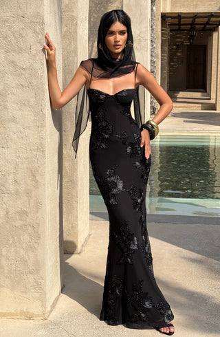 L.F Nefertiti Maxi Dress Corset Bodice Floral Appliqué Black