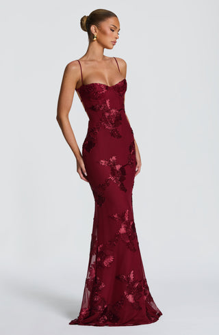 L.F Nefertiti Maxi Dress Floral Appliqué Corset Bodice Burgundy