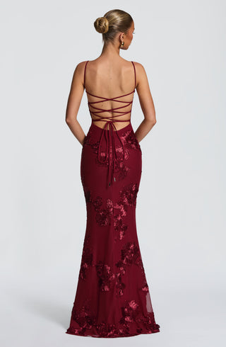 L.F Nefertiti Maxi Dress Floral Appliqué Corset Bodice Burgundy