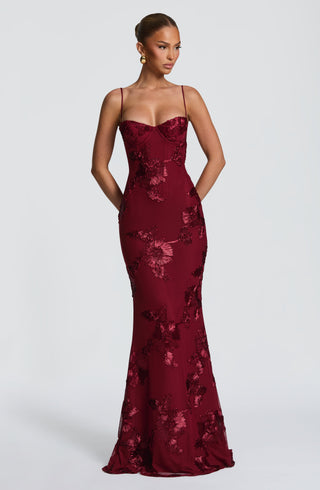 L.F Nefertiti Maxi Dress Floral Appliqué Corset Bodice Burgundy