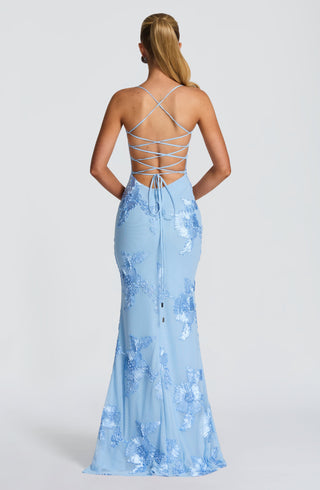 L.F Nefertiti Maxi Dress Corset Bodice Floral Appliqué Glacier Blue