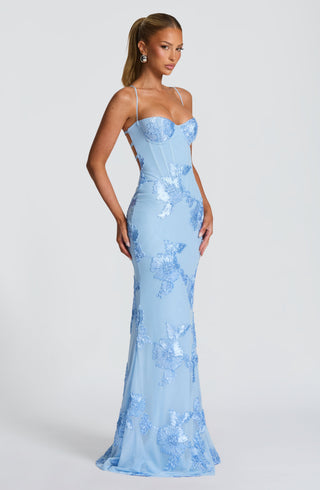 L.F Nefertiti Maxi Dress Corset Bodice Floral Appliqué Glacier Blue