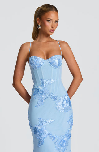 L.F Nefertiti Maxi Dress Corset Bodice Floral Appliqué Glacier Blue