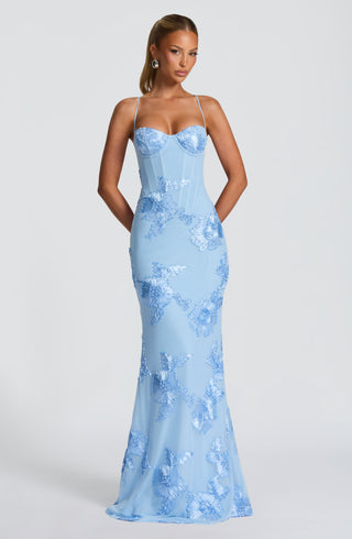 L.F Nefertiti Maxi Dress Corset Bodice Floral Appliqué Glacier Blue