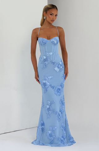 L.F Nefertiti Maxi Dress Corset Bodice Floral Appliqué Glacier Blue