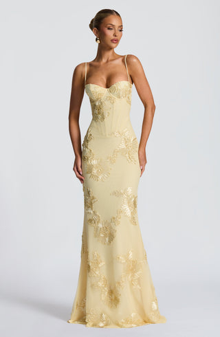 L.F Nefertiti Maxi Dress Corset Bodice Floral Applique Lemon