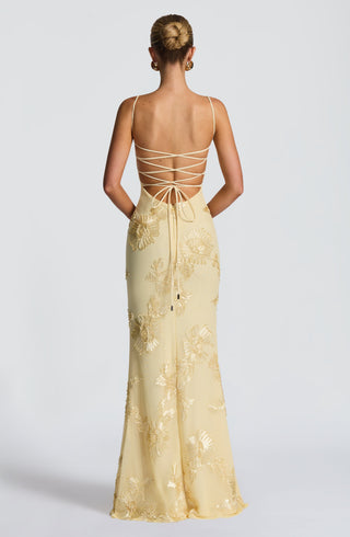 L.F Nefertiti Maxi Dress Corset Bodice Floral Applique Lemon