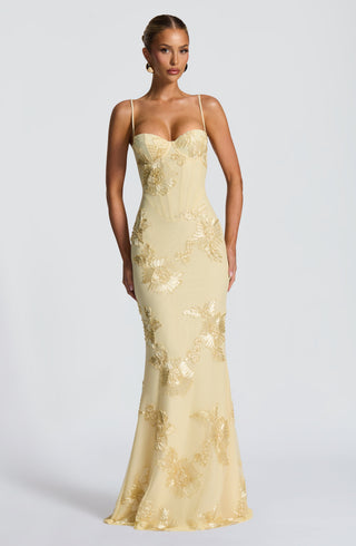 L.F Nefertiti Maxi Dress Corset Bodice Floral Applique Lemon