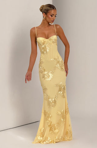 L.F Nefertiti Maxi Dress Corset Bodice Floral Applique Lemon