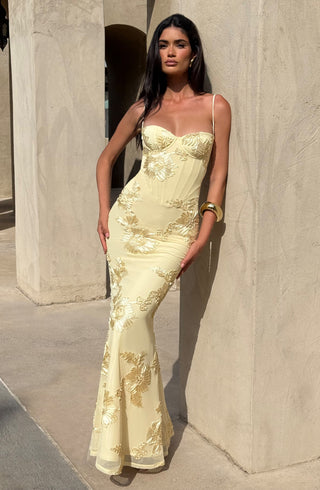 L.F Nefertiti Maxi Dress Corset Bodice Floral Applique Lemon