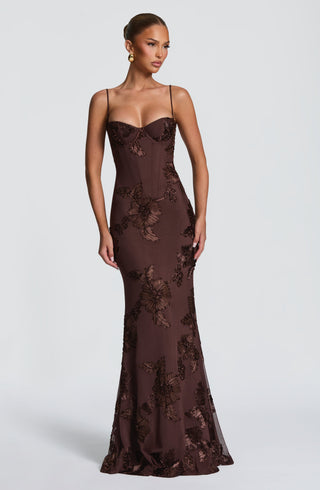 L.F Nefertiti Maxi Dress Corset Floral Appliqué Plum Brown