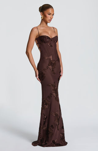 L.F Nefertiti Maxi Dress Corset Floral Appliqué Plum Brown