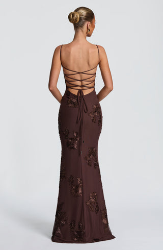 L.F Nefertiti Maxi Dress Corset Floral Appliqué Plum Brown