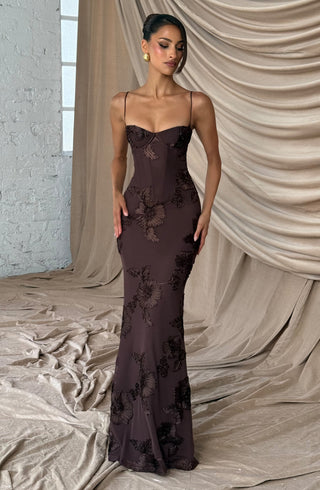 L.F Nefertiti Maxi Dress Corset Floral Appliqué Plum Brown