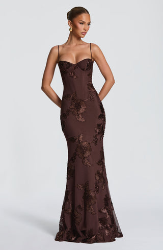 L.F Nefertiti Maxi Dress Corset Floral Appliqué Plum Brown