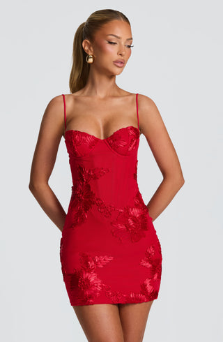L.F Nefertiti Mini Dress Floral Appliqué Corset Red