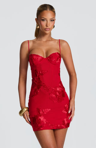 L.F Nefertiti Mini Dress Floral Appliqué Corset Red