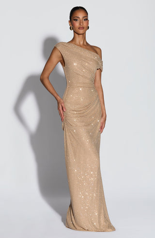 T.X Ottilie Maxi Dress Embellished Mesh Asymmetric Neckline Gold