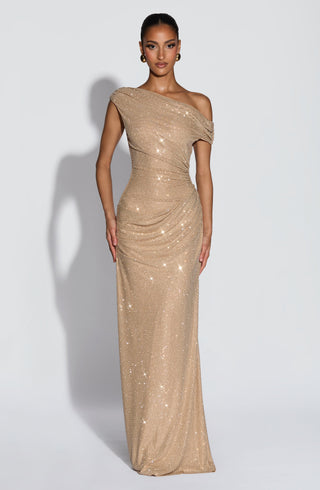 T.X Ottilie Maxi Dress Embellished Mesh Asymmetric Neckline Gold
