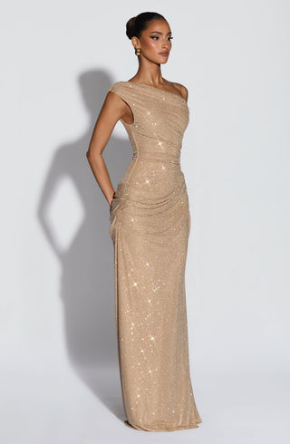 T.X Ottilie Maxi Dress Embellished Mesh Asymmetric Neckline Gold