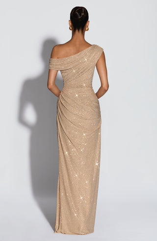 T.X Ottilie Maxi Dress Embellished Mesh Asymmetric Neckline Gold